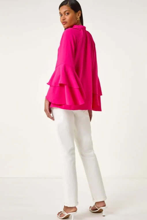 Roman Cerise Frilled Sleeve Tie Front Top