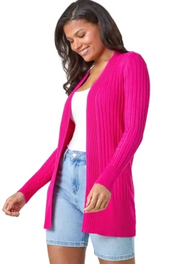 Roman Cerise Longline Stretch Ribbed Cardigan