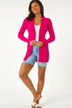Roman Cerise Longline Stretch Ribbed Cardigan