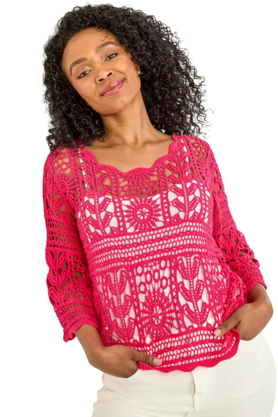 Roman Cerise Petite Cotton Crotchet Tunic Top