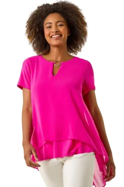Roman Cerise Ring Front Chiffon Overlay Top