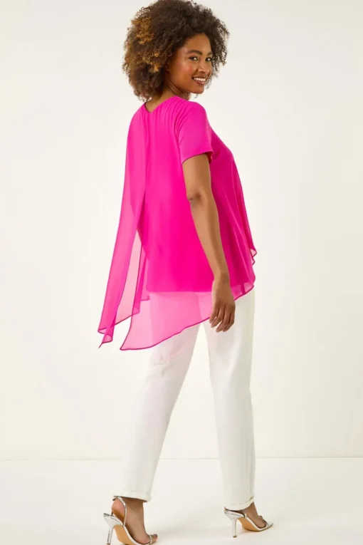 Roman Cerise Ring Front Chiffon Overlay Top