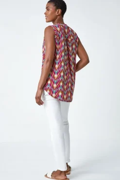 Roman Cerise Sleeveless V-Neck Floral Button Detail Top
