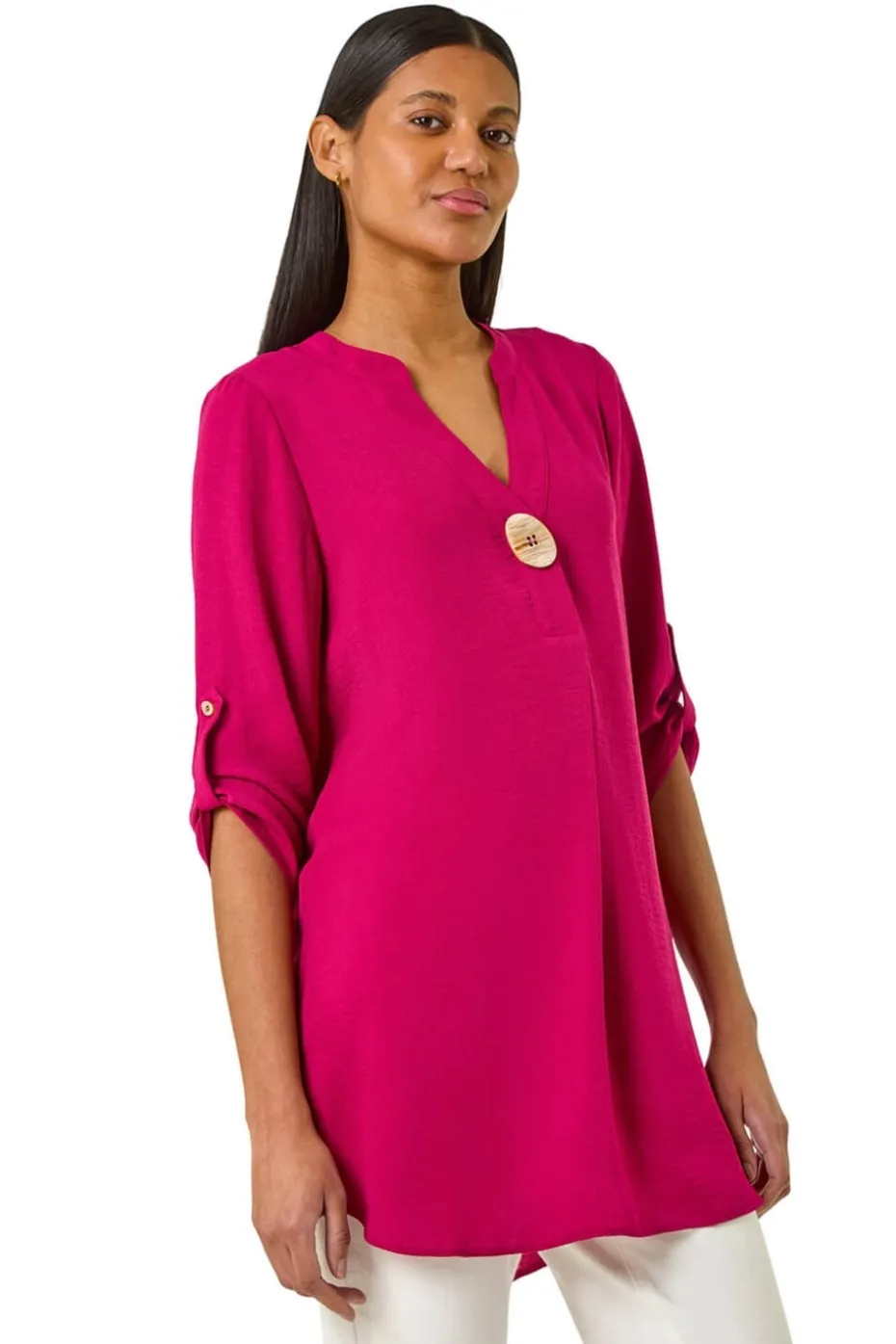 Roman Cerise V Neck Button Detail Top