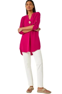 Roman Cerise V Neck Button Detail Top