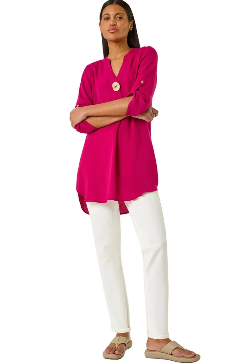 Roman Cerise V Neck Button Detail Top