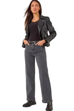 Roman Charcoal Cotton Blend Wide Leg Stretch Jeans