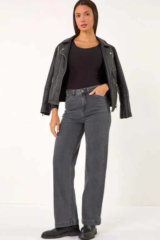 Roman Charcoal Cotton Blend Wide Leg Stretch Jeans