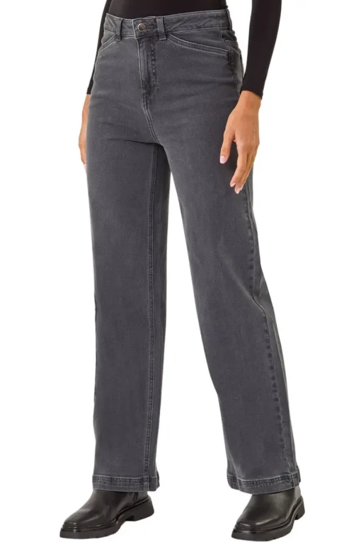 Roman Charcoal Cotton Blend Wide Leg Stretch Jeans