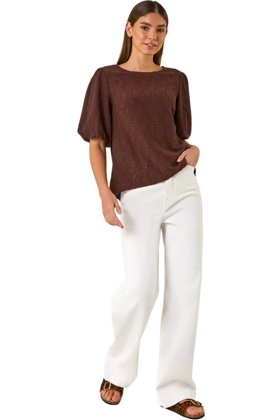 Roman Chocolate Broderie Puff Sleeve Top