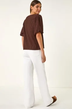 Roman Chocolate Broderie Puff Sleeve Top