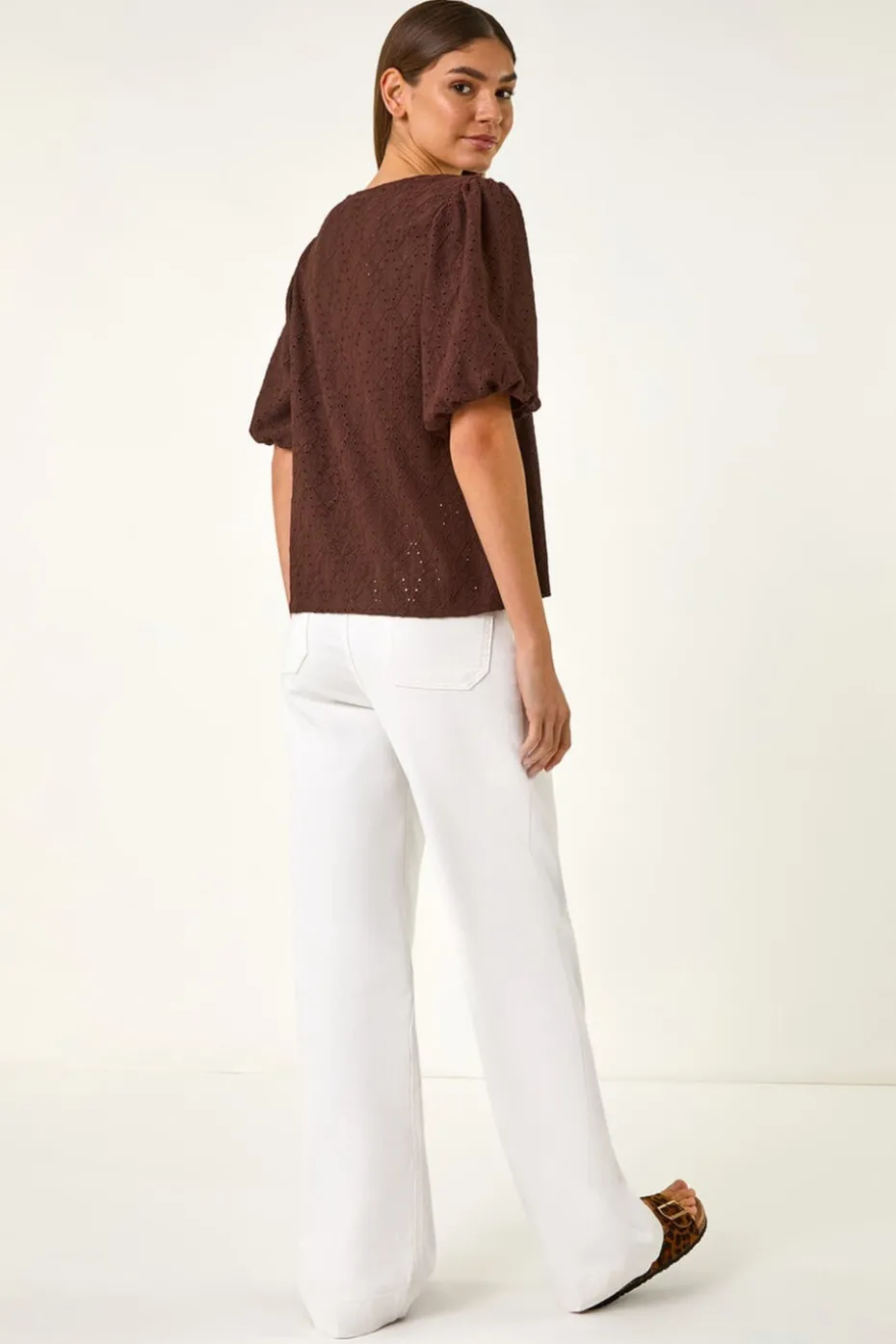 Roman Chocolate Broderie Puff Sleeve Top