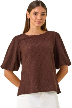 Roman Chocolate Broderie Puff Sleeve Top