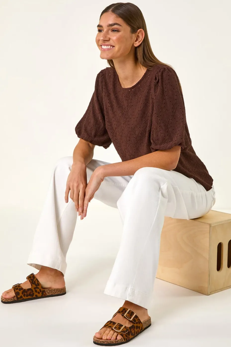 Roman Chocolate Broderie Puff Sleeve Top