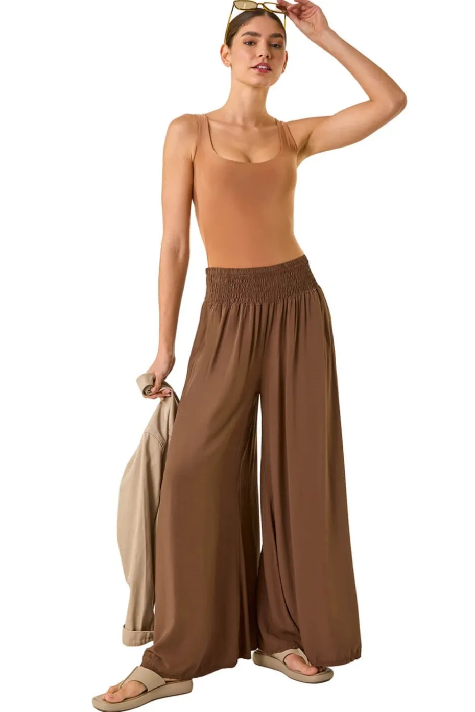 Roman Chocolate Relaxed Ruched Wide Leg Trouser