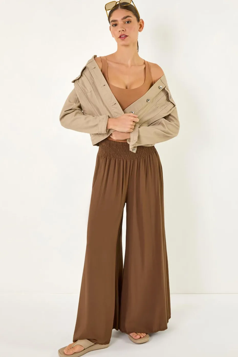 Roman Chocolate Relaxed Ruched Wide Leg Trouser