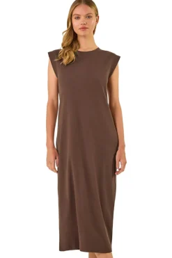 Roman Chocolate Ribbed Cap Sleeve Midi Dress