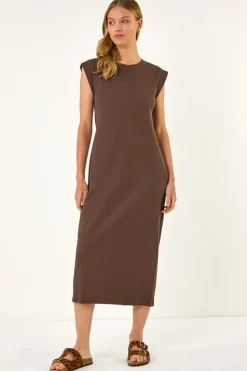 Roman Chocolate Ribbed Cap Sleeve Midi Dress