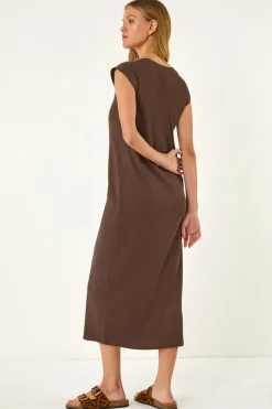 Roman Chocolate Ribbed Cap Sleeve Midi Dress