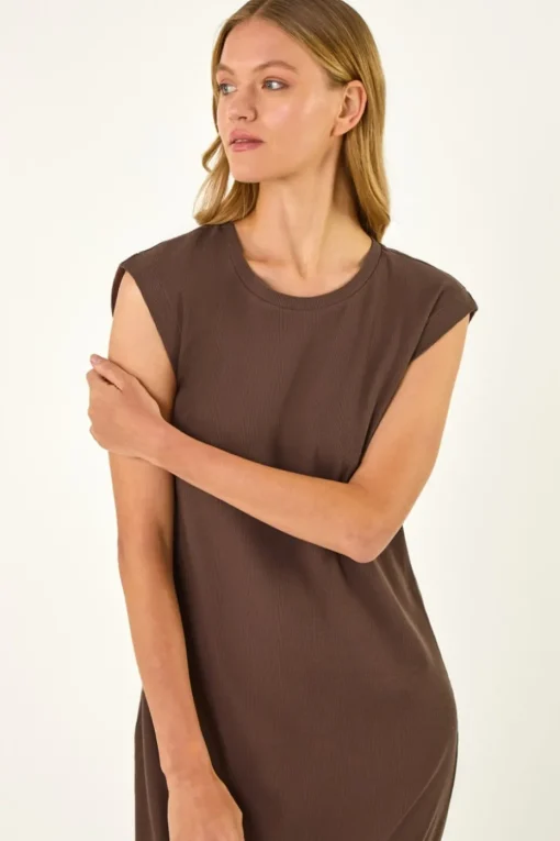 Roman Chocolate Ribbed Cap Sleeve Midi Dress