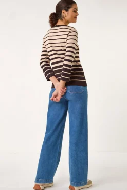 Roman Chocolate Stripe Scallop Neck Knit Jumper