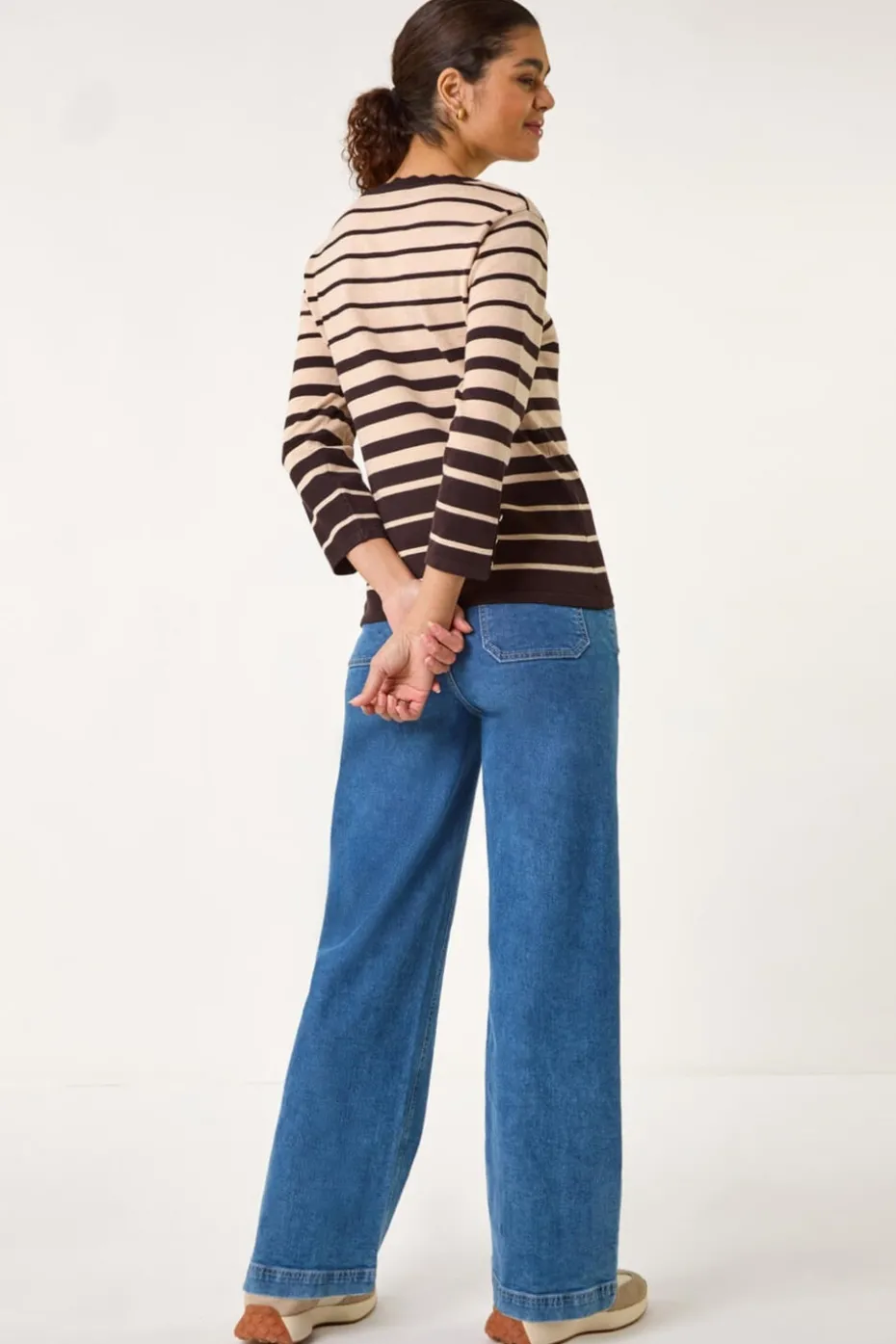 Roman Chocolate Stripe Scallop Neck Knit Jumper