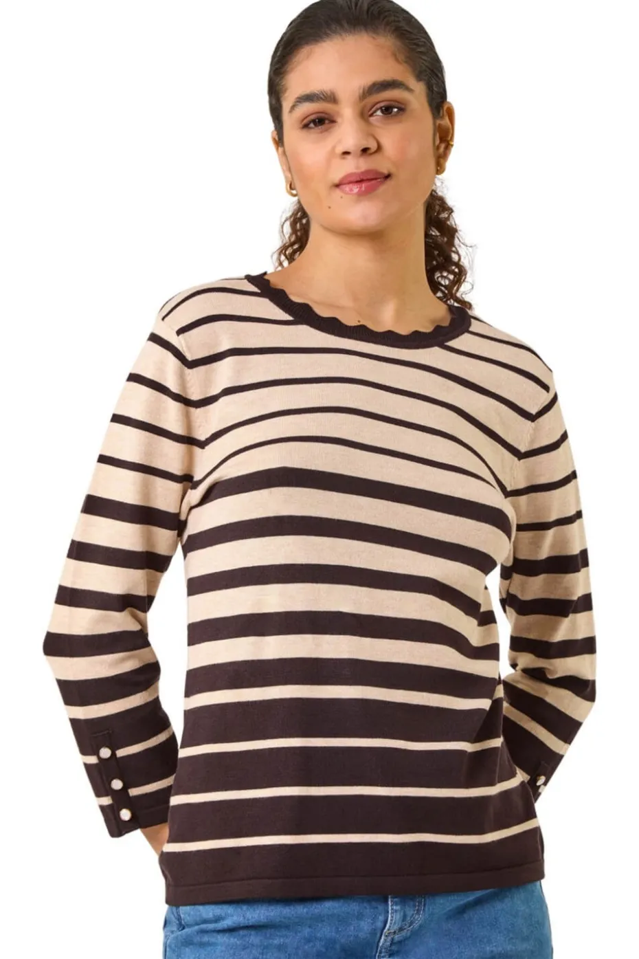Roman Chocolate Stripe Scallop Neck Knit Jumper