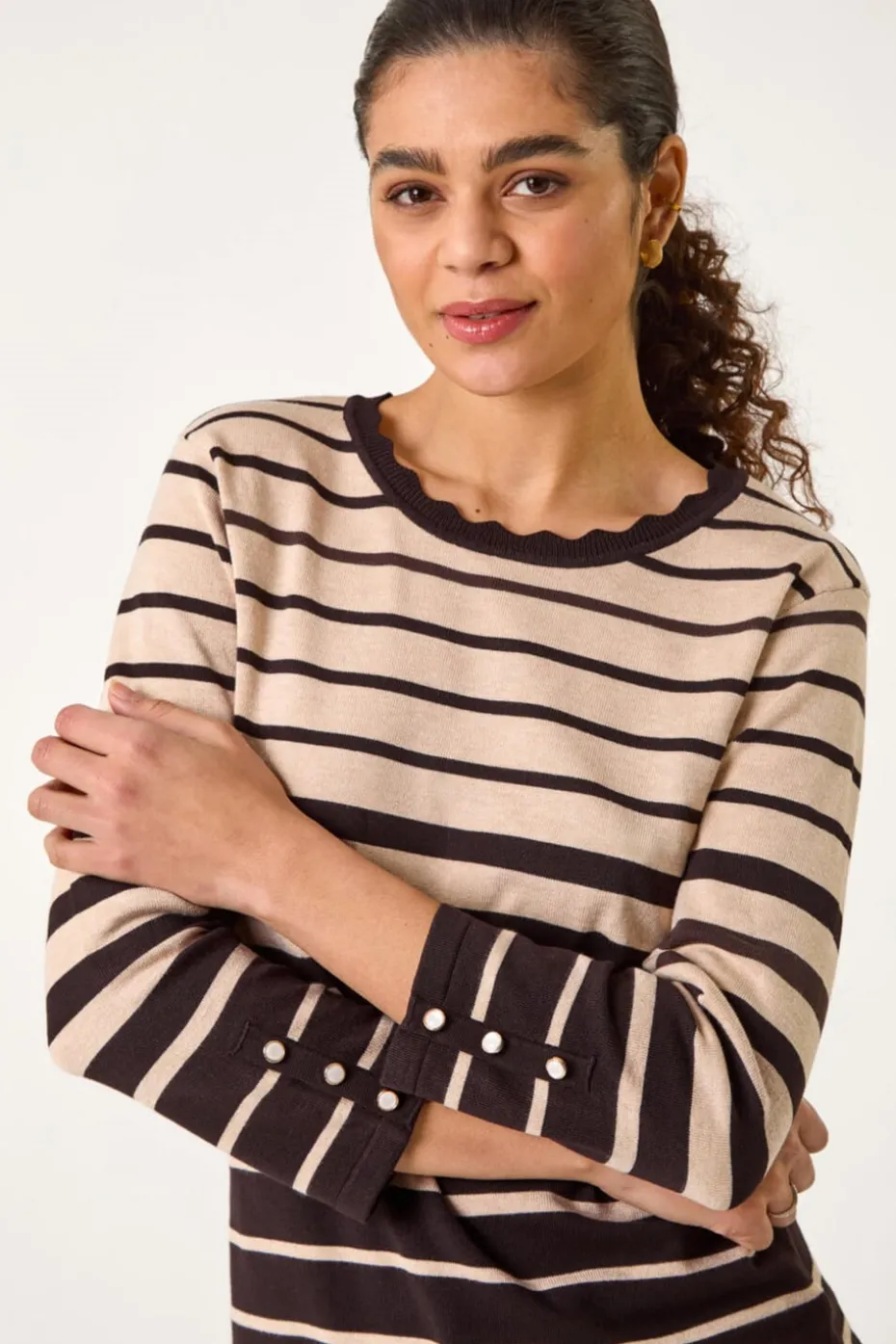 Roman Chocolate Stripe Scallop Neck Knit Jumper