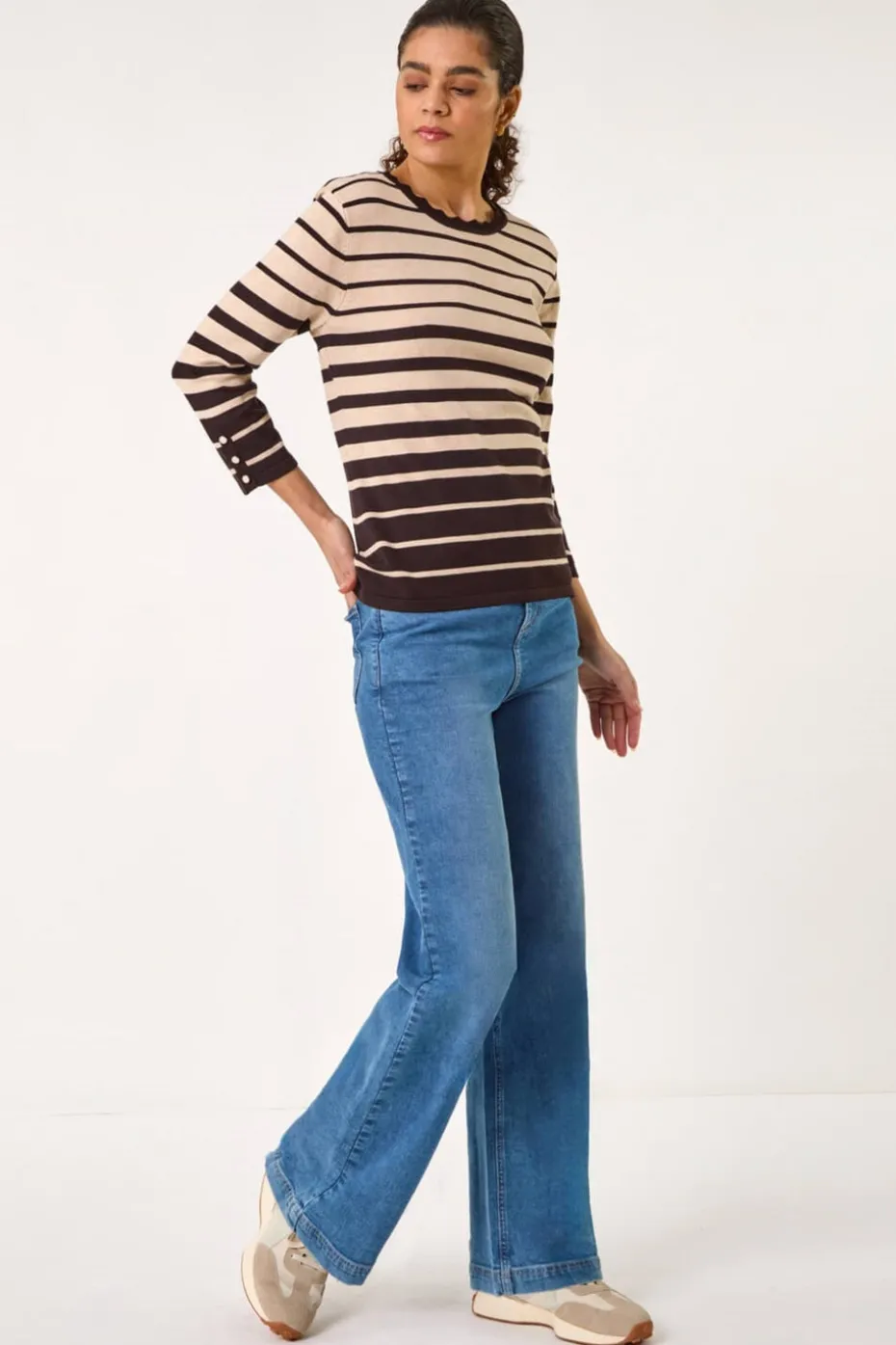 Roman Chocolate Stripe Scallop Neck Knit Jumper