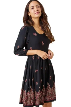 Roman Copper Paisley Border Print Stretch Dress