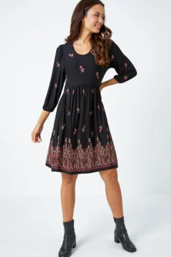 Roman Copper Paisley Border Print Stretch Dress