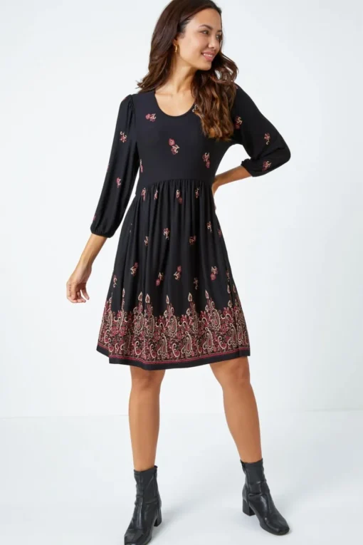 Roman Copper Paisley Border Print Stretch Dress