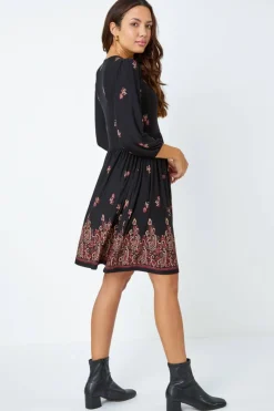 Roman Copper Paisley Border Print Stretch Dress