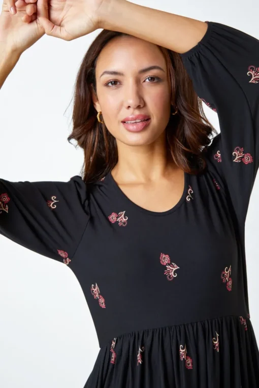 Roman Copper Paisley Border Print Stretch Dress