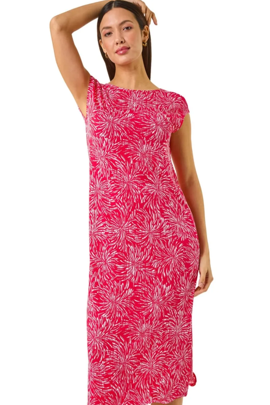 Roman Coral Abstract Print A Line Midi Dress