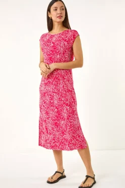 Roman Coral Abstract Print A Line Midi Dress