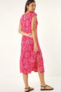 Roman Coral Abstract Print A Line Midi Dress