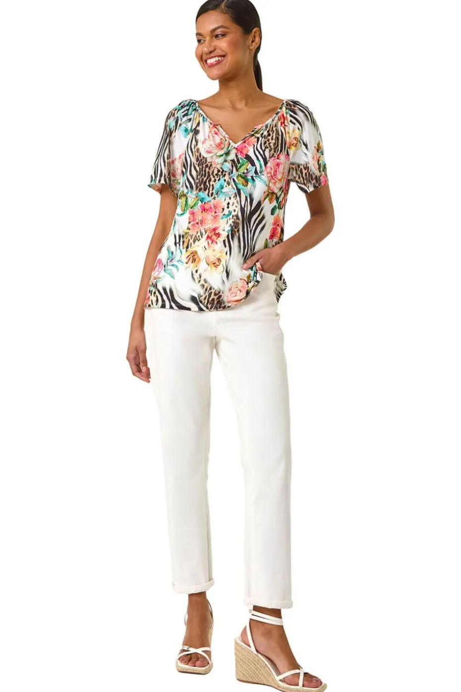 Roman Coral Animal Floral Notch Neck Top