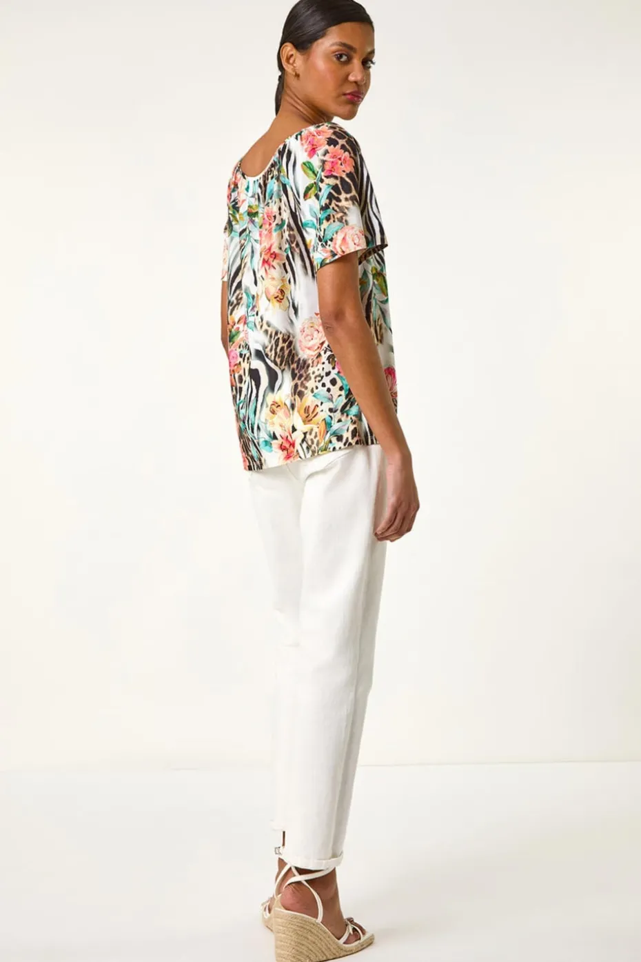 Roman Coral Animal Floral Notch Neck Top