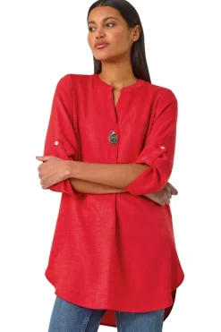 Roman Coral Button Detail Longline Blouse