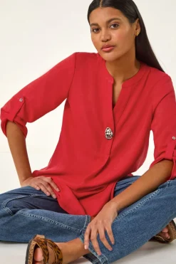 Roman Coral Button Detail Longline Blouse