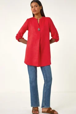 Roman Coral Button Detail Longline Blouse