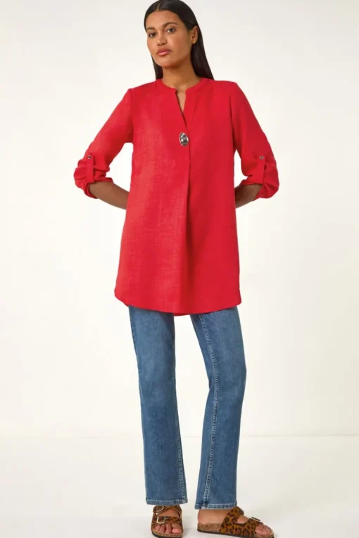 Roman Coral Button Detail Longline Blouse