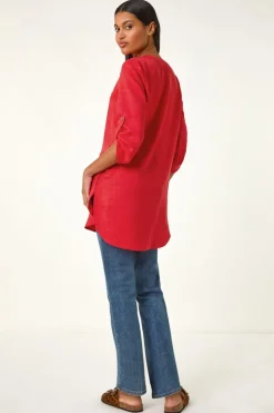 Roman Coral Button Detail Longline Blouse