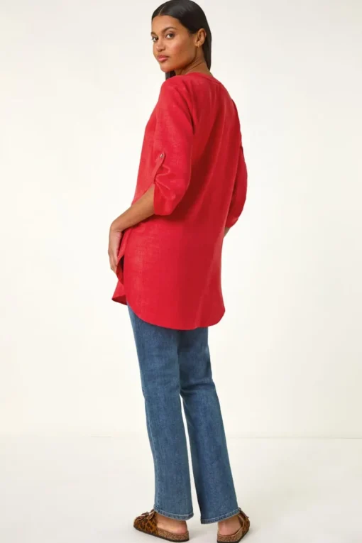 Roman Coral Button Detail Longline Blouse