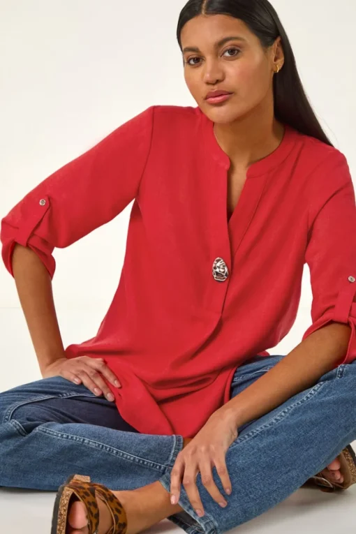 Roman Coral Button Detail Longline Blouse
