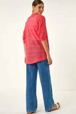 Roman Coral Cotton Crochet Tunic Cardigan