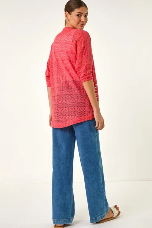 Roman Coral Cotton Crochet Tunic Cardigan