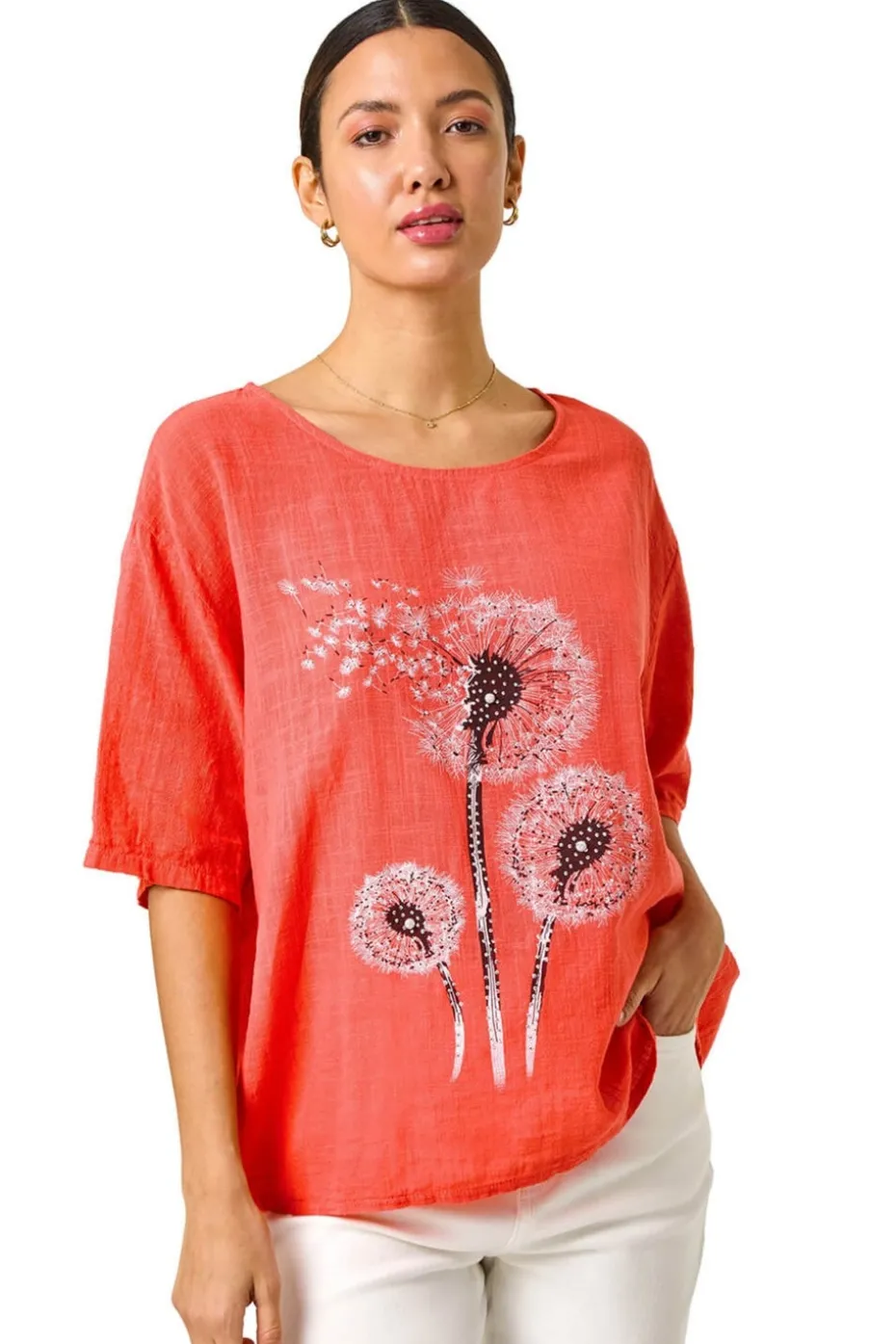 Roman Coral Dandelion Hotfix Tunic Top
