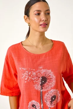 Roman Coral Dandelion Hotfix Tunic Top